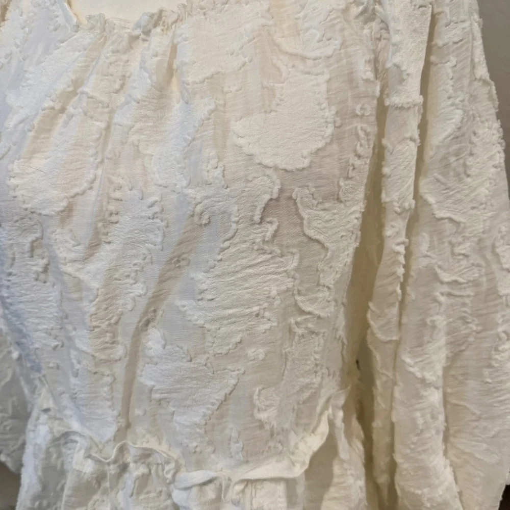Free People Callie‎ Puff Sleeve Appliqué Top Open Tie Back Women's Size M N